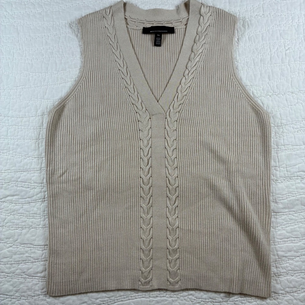 White House Black Market Sweater Vest Women XL Beige Cable Knit Ribbed V-Neck
